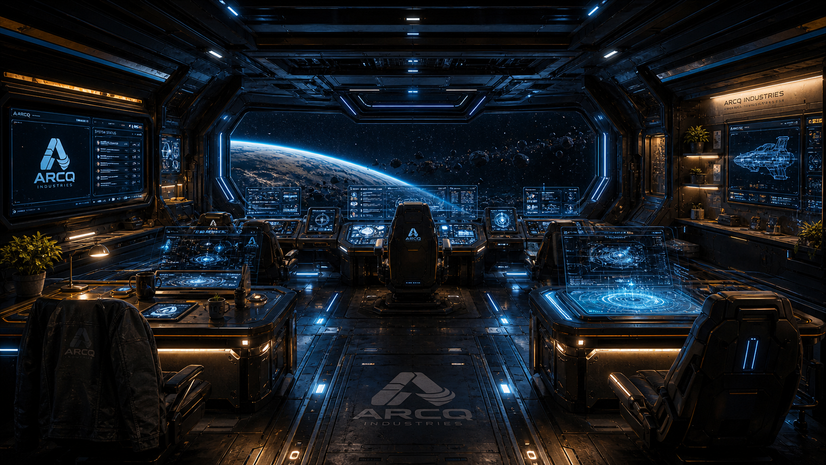 ARCQ command bridge with blue instrument panels overlooking a planet