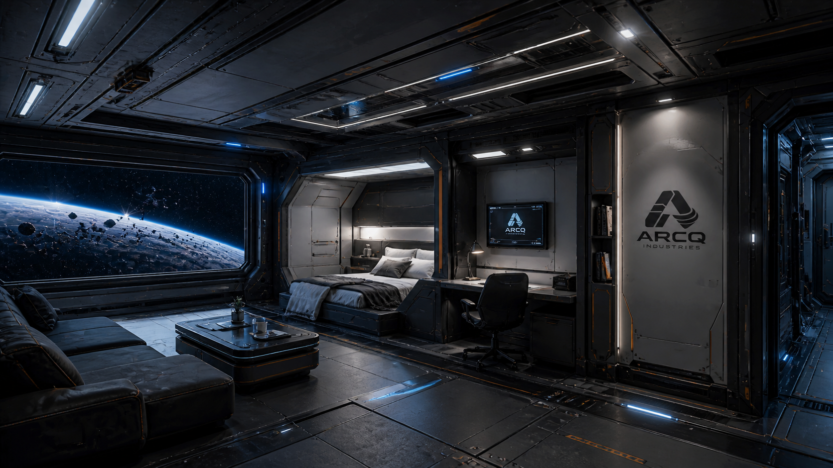 ARCQ living quarters with planetary window and warm interior lighting